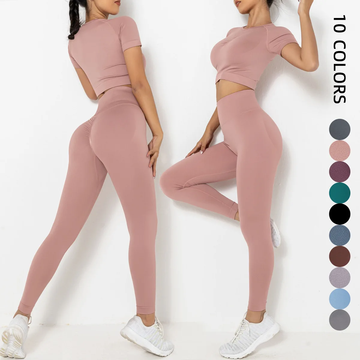 New Gym Sets Womens Outfits 2Pcs Seamless Yoga Set Short Sleeve Crop Top High Waist Leggings Workout Clothes Fitness Sportswear