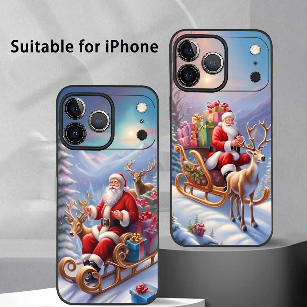 

Santa Claus Sleigh Cartoon Phone Case For IPhone 17 16 15 14 13 12 11 Pro Max Plus Mini Black Frosted Soft Shell Funda