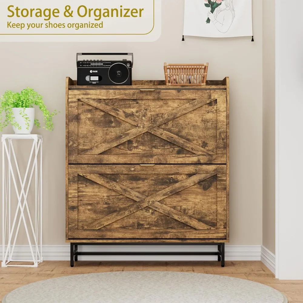 خزانة تخزين الأحذية مع درجين قابلين للطي، منظم أحذية قائم بذاته مع أرجل معدنية للمدخل، خزانة رفوف الأحذية الضيقة، ru