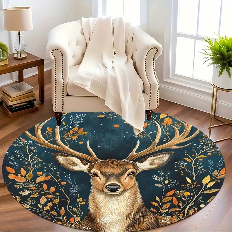 

Elegant Deer Round Mat – Lightweight, Non-Slip, Machine Washable Polyester, Autumn Forest Design with Antlers and Foliage