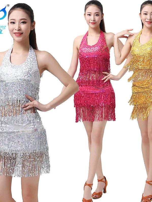 

Women Sequins Diamond Latin Jazz Dance Costume Sleeveless Cutout Back Flowy Tassel Dress Leotard Tango Cha-Cha Samba Dancewear