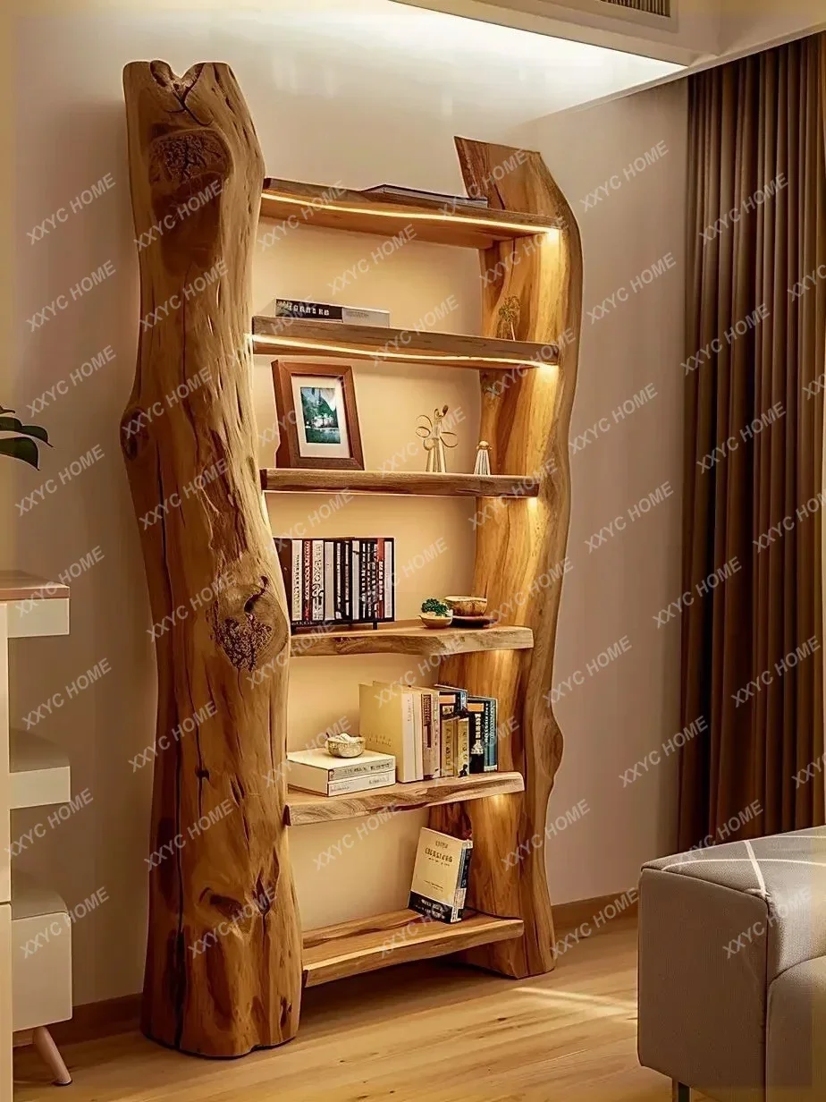 

HMJSolid wood storage log retro bookshelf living room new Chinese multi-layer bookcase display natural dead wood tree shelf