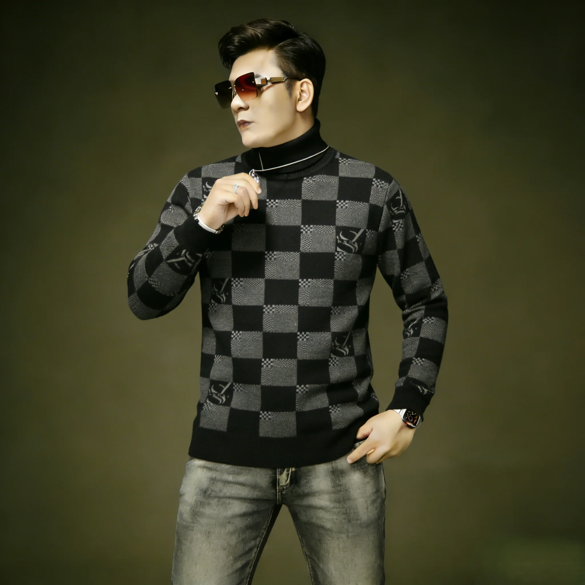 

Thiened Woolen Knitted Sweater for Men with High Collar Chboard Pattern Winter Faion Warm Street Sle Youth Commute