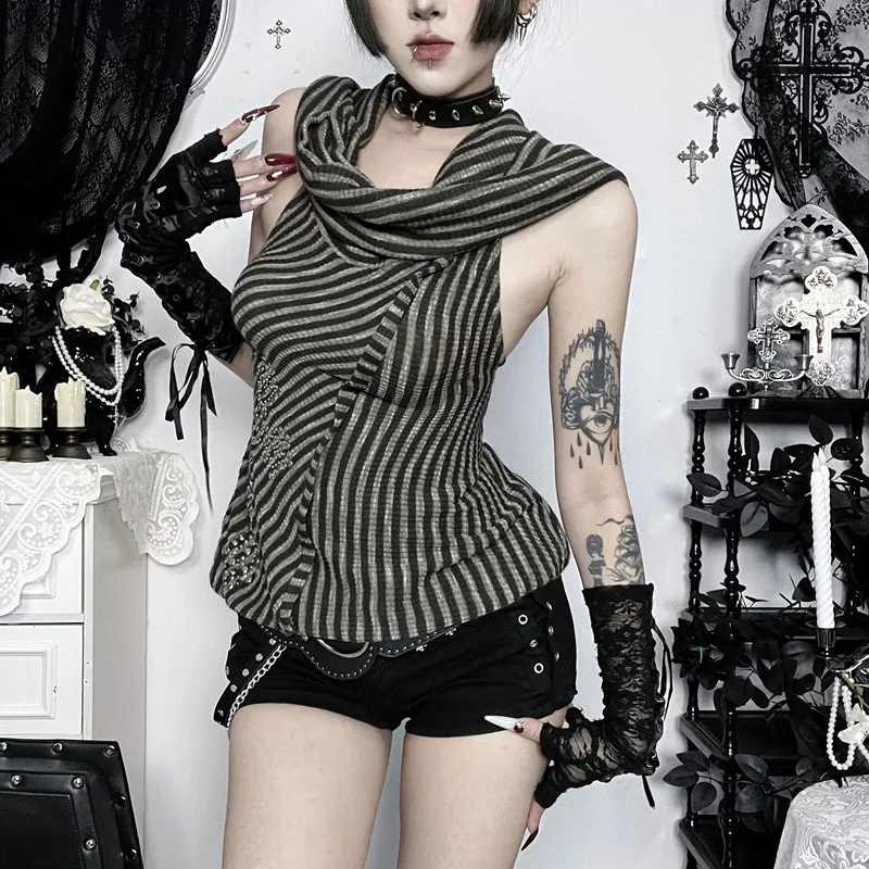 

2026 New Vintage Dark Striped Sleeveless Hoodies Alt Aesthestic Backless Halter Tank Tops Mall Gothic Off Shoulder Vests Women's