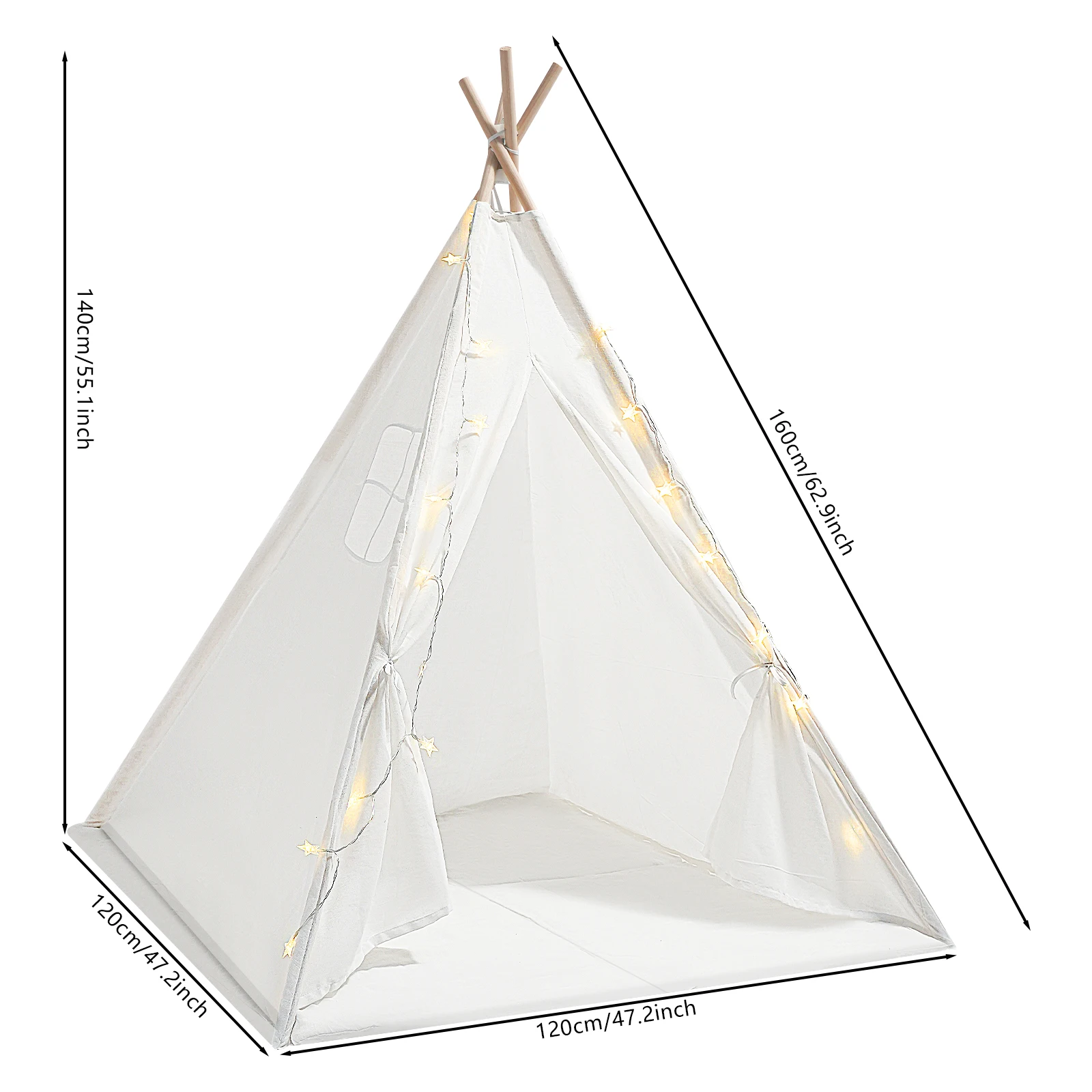 Kids Teepee Play Tent Set, 120120140cm White Cotton Linen 160cm Wood Poles Star Light Mat Assembly Accessories, Foldable Window Curtain Washable Tear-proof Cloth Stable Frame, Bedroom Reading Nook Birthday Indoor Picnic Decor