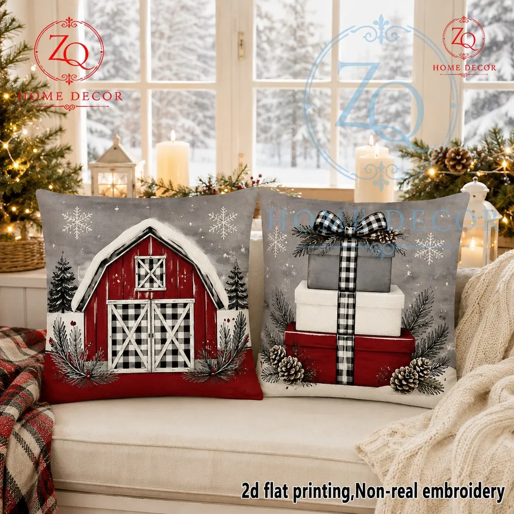 Christmas Red Barn Gift Pillowcase: Retro red  gray American Christmas style restoring a warm  festive mosphere to any room