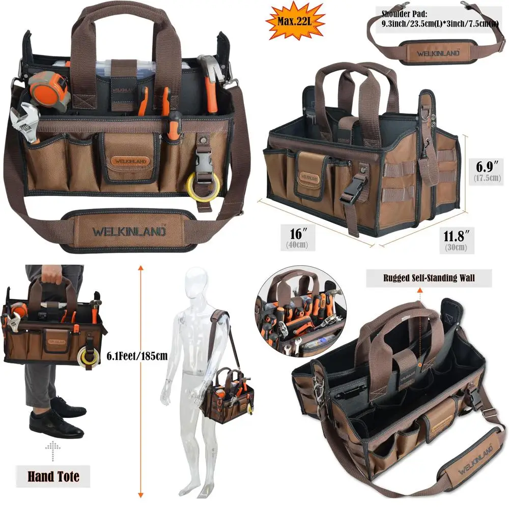 

Сумка для инструментов электрика на 16 предметов, коричневая, с открытым верхом и функцией поддержания формы