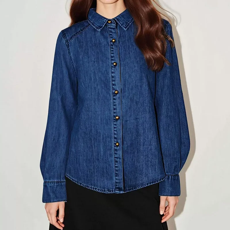 

Стильные женские джинсовые рубашки на пуговицах, блузки с V-образным вырезом, повседневные топы, модные джинсовые куртки с длинным рукавом, женские рубашки 2026 года, новинка
