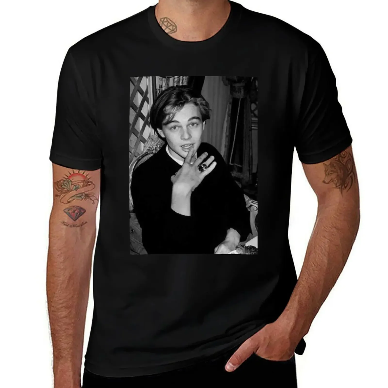 

Young Leonardo DiCaprio in Black and White T-Shirt custom shirt street wear funny t shirts men