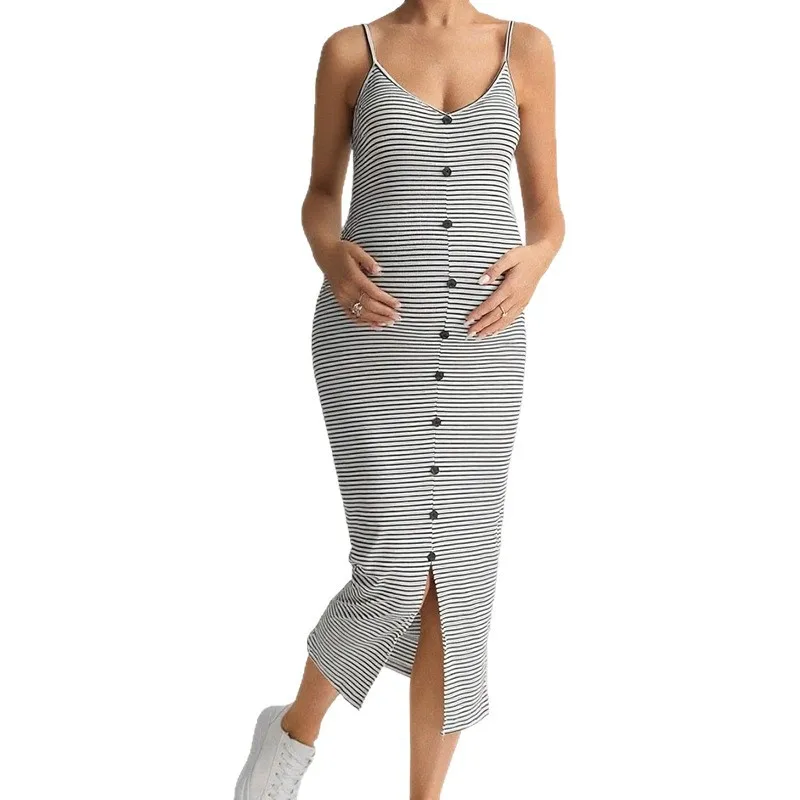 2026 New Autumn‑Winter Striped Knit Maternity Slip Dress Backless Split Dress Loungewear Nightgown Layering Long Dress Pregnant