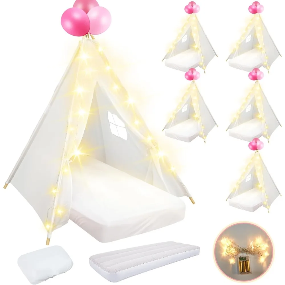

US Shipping Kids Teepee Tent 6 Pack with Mattress Sheet Light Natural Cotton Washable Indoor Play Tent for Birthday Slumber