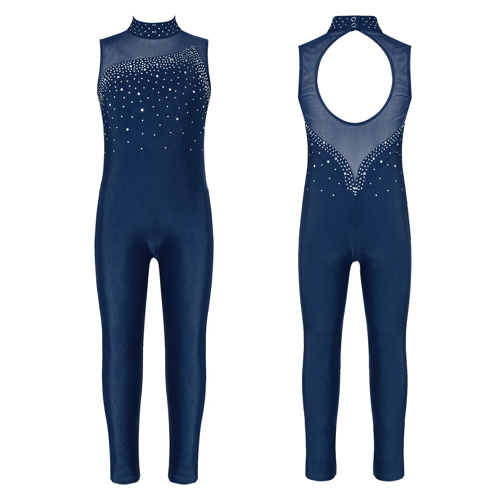 Kids Girls Gymnastic Ballet Leotards Figure Ice Skating Dance Bodysuit Unitard Shiny Rhinestone Sleeveless One Piece Jumpsuit