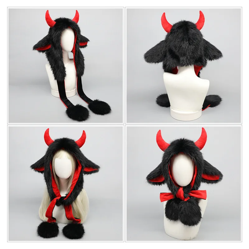Anime Fuzzy Demon Horns Harajuku Dark Hat Fantasy Halloween Cosplay Y2K Subkultur Schalldämpfer Hut Comic Con Profis für Jungen und Mädchen