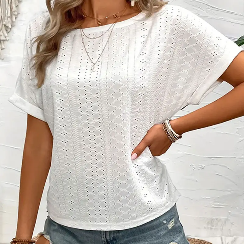 

Women White Knitted Shirt Tops Boho Style Embroidered Hollow Sleeve Short Shirt Tops Summer Backless Cover Ups Beach Blouses