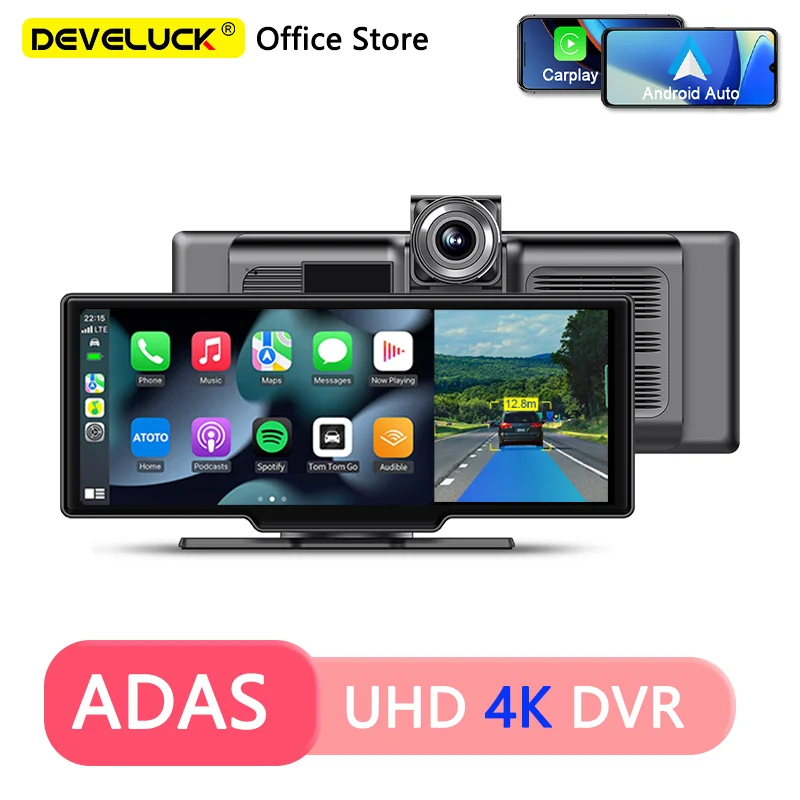 Develuck 10.26 Inch Wireless CarPlay&Android Auto Dash Cam ADAS 4K DVR Bluetooth 5.0 Audio AUX GPS Navigation Dashboard Recorder