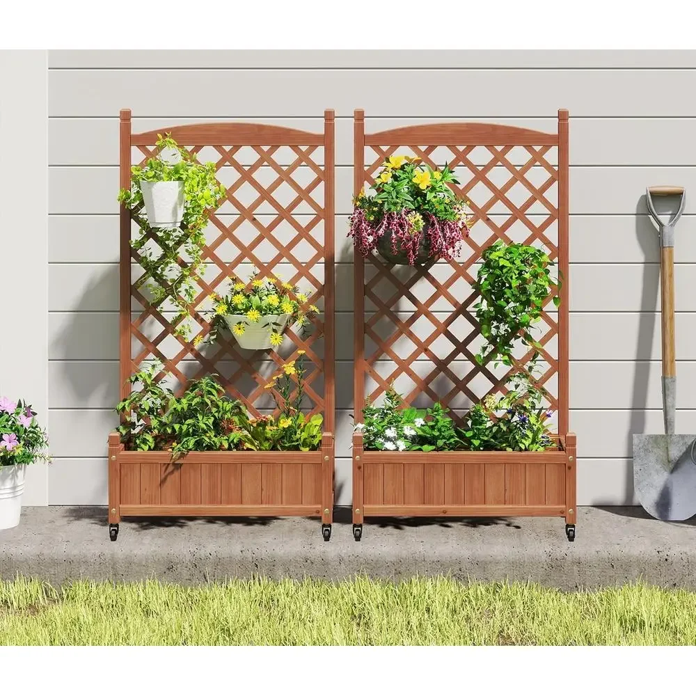 2-Piece Outdoor Wooden Raised Garden Beds with Trellises and Climbing Racks