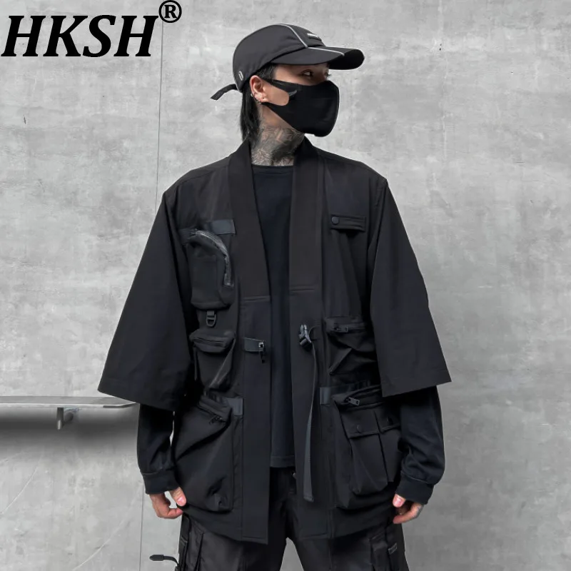 HKSH Autumn Winter New Men Tide Dark Niche Solid Color Multi-Pocket Casual Jacket Trend Loose Short Sleeve Punk Ins Coat HK19086