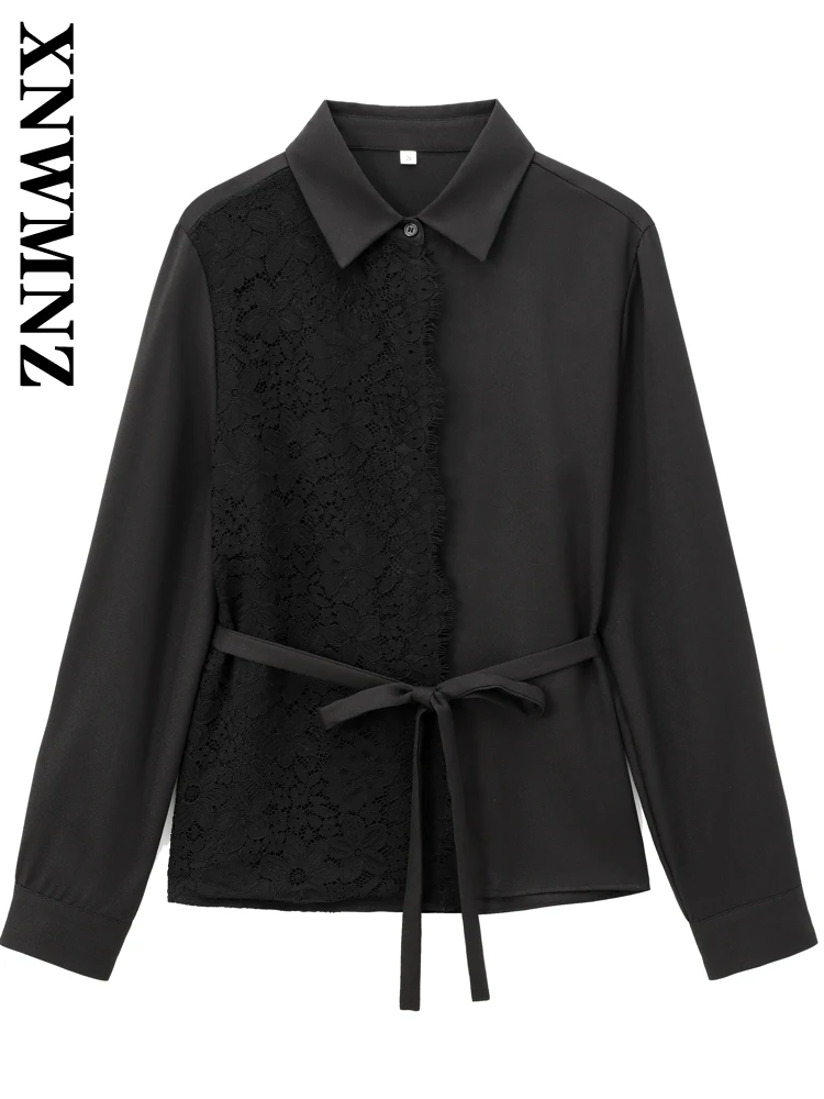 XNWMNZ 2024 Autumn New Female Fashion Lace Shirt Outerwear Edgy Woman Long Sleeve Turn-down Collar Top Ruffles Regular Fit Coat