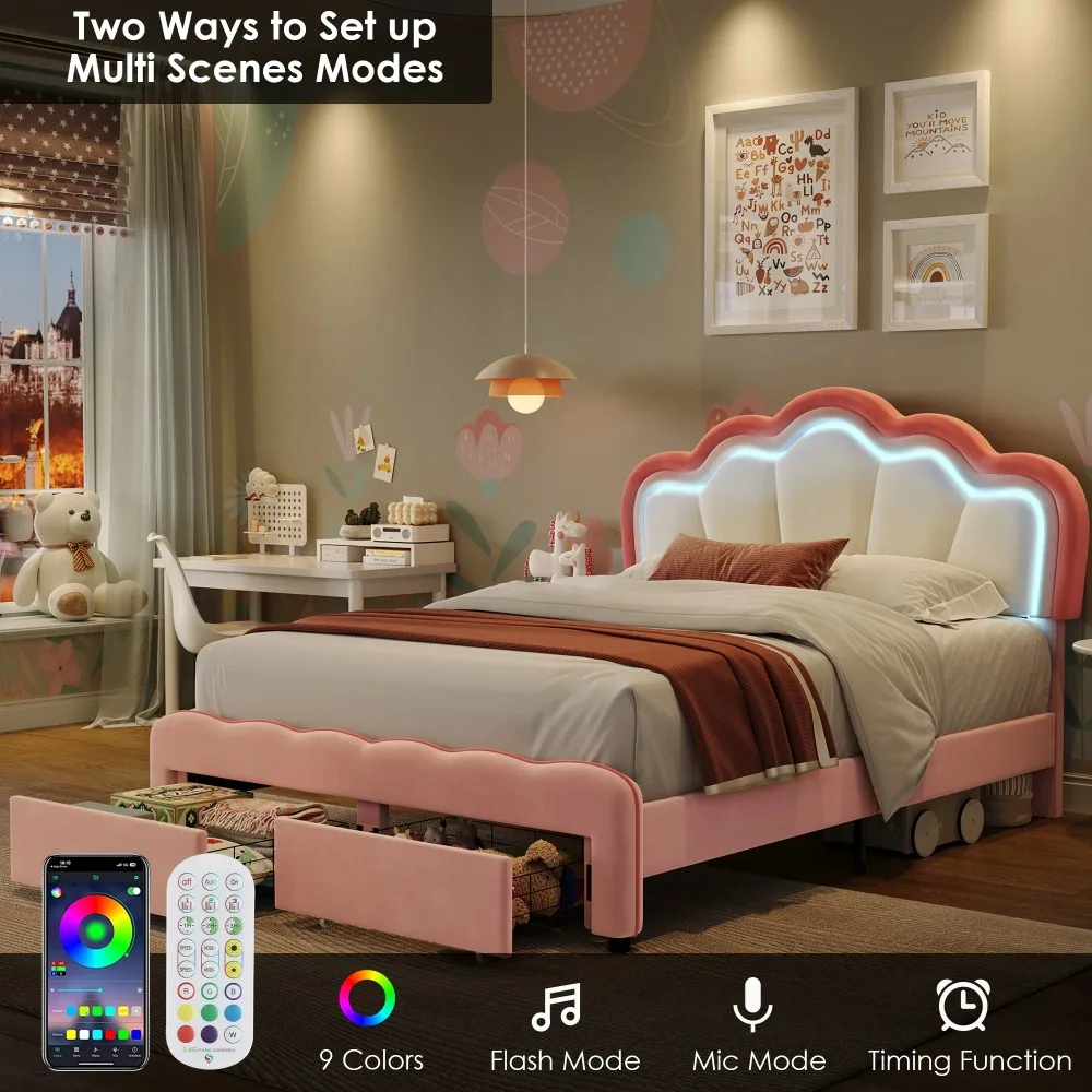 Modern Full Size LED Bed Frame with Drawer, Velvet Upholstered Platform Bed with Adjustable Petal Headboard for Kid, Pink