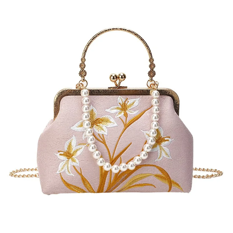 

Luxury Ancient Style Cheongsam Pearl Handbag Clip-on Banquet Bag with Fashion Chain Single Shoulder Diagonal Cross Design