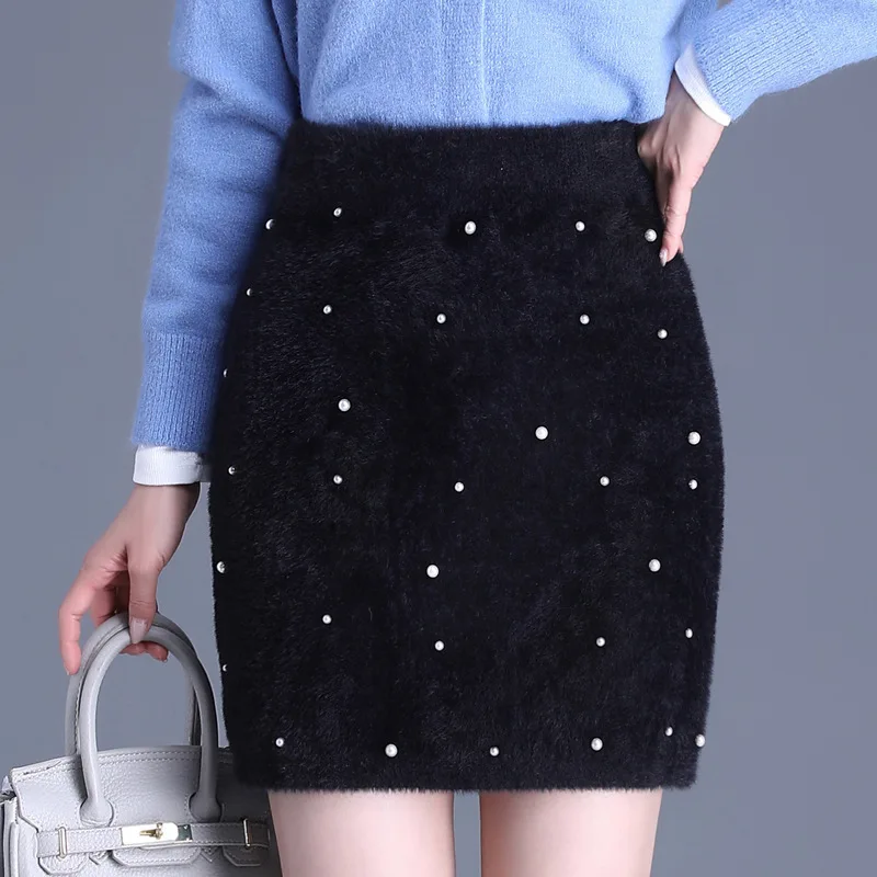 #1642 Black White Knitted Mohair Skirt Women Slim Pearls Mini Skirt Female Sexy Office Short Pencil Skirt Femme Autumn Winter