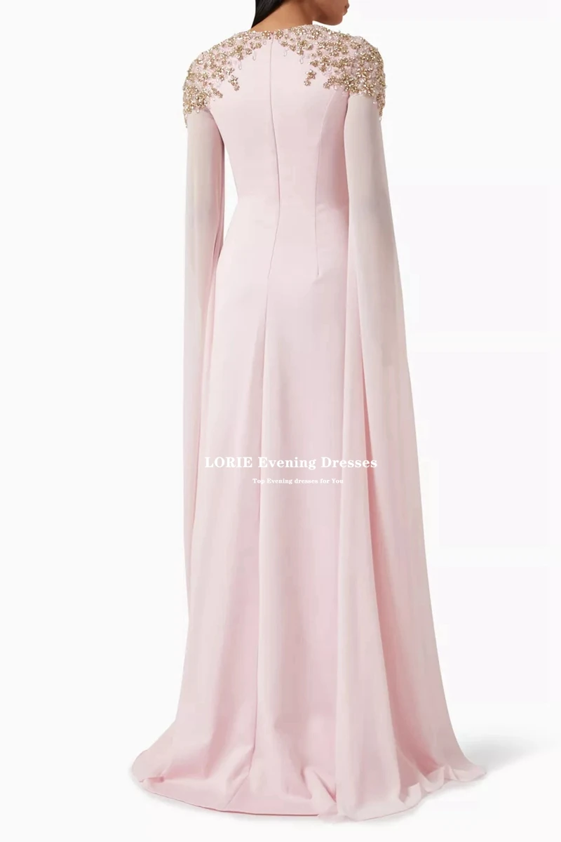 LORIE O-Neck Crystals Fashion Pink Mermaid Prom Dresses Full Cape Sleeves Arabic Evening Gowns Women Satin Formal Party Dress