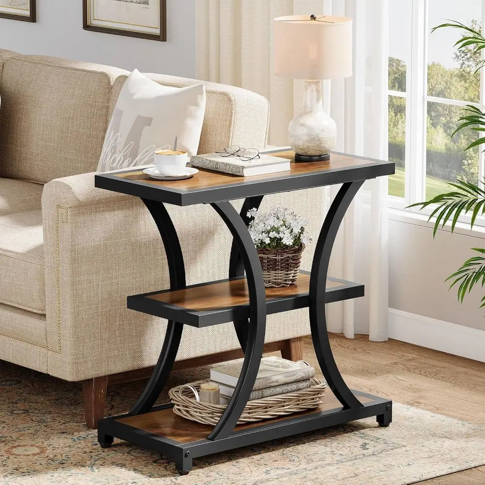

3-Tier Geometric Metal Storage Side Table for Small Spaces - Rustic Brown