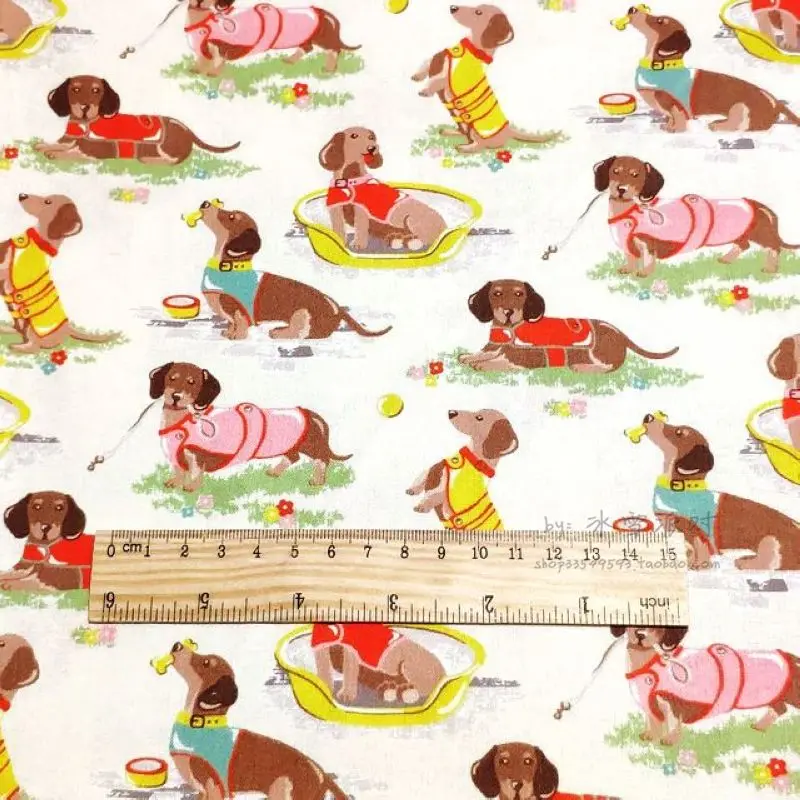 BE218 - BTY 1 Yard Cotton Woven Fabric - CK Style Cartoon Characters, Animal, British Pastoral, Dachshund Dog