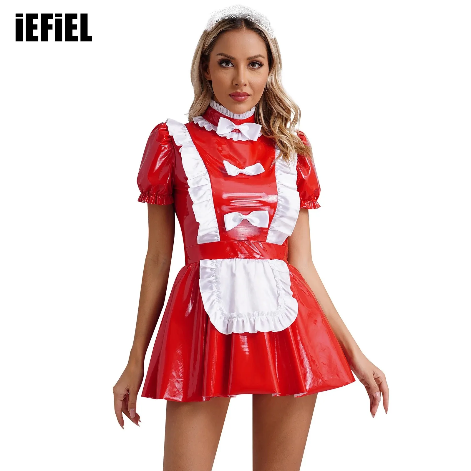 

Womens Leather Maid Uniform Dress Glossy Maid Dress with Floral Lace Headband Ruffles Bow Apron Puff Sleeve A-Line Naughty Dress