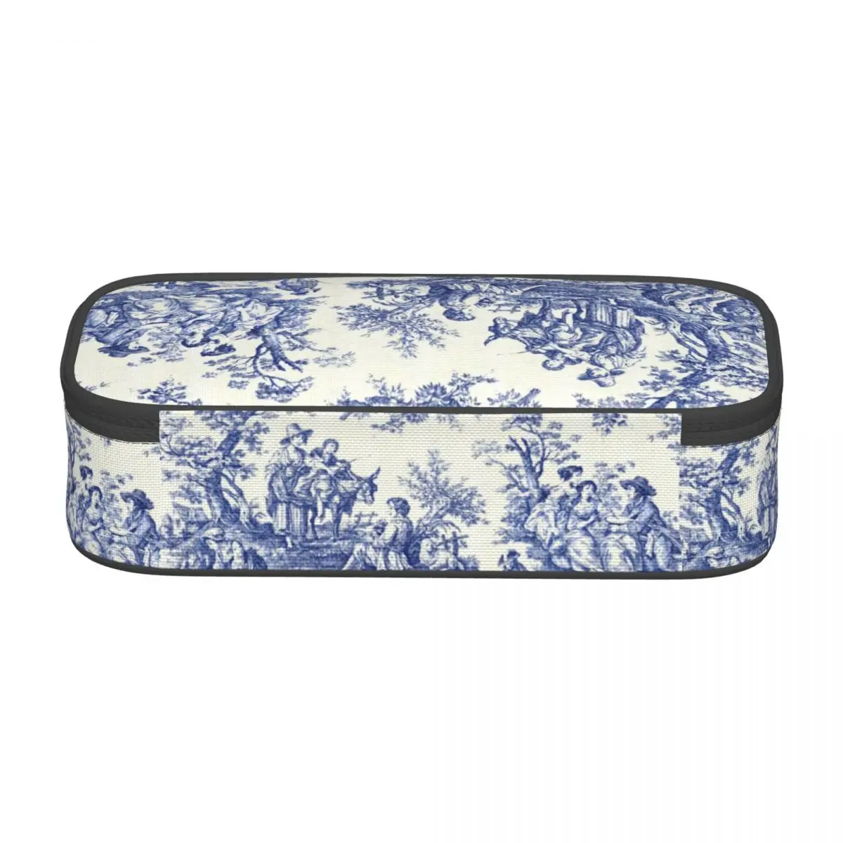 Customized Classic French Navy Blue Toile De Jouy Motif Pattern Kawaii Pencil Cases Traditional France Art Pencil Bag Stationery