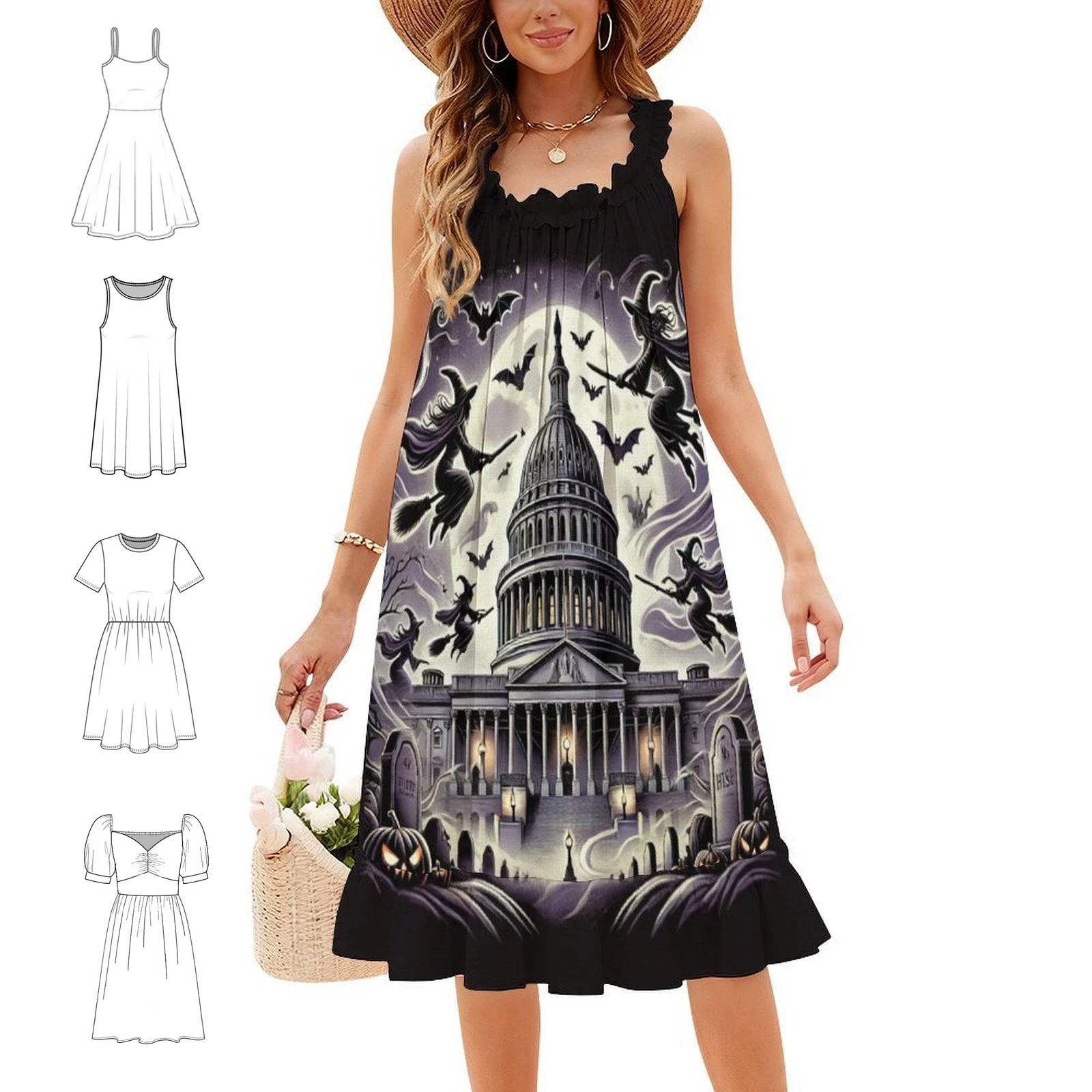 Halloween-Witchy Washington D.C Floral Smock Dress For Women Spring Summer Casual Dress For Party Witch Spooky Pumpkin Trick Or