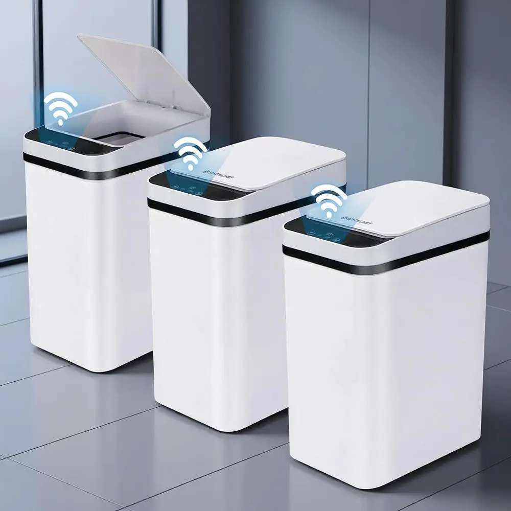 

3-Pack 2.5 Gallon Slim Bathroom Trash Cans with Lid, Touchless Motion Sensor, Waterproof Plastic Bin for Home Office Use (White)