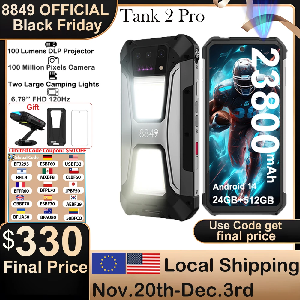 8849 Tank 2 PRO Projector Rugged Smartphone Android 2.4K 24GB 512GB 100MP Camera 23800mAh 120W Dual Sim OTG Phone