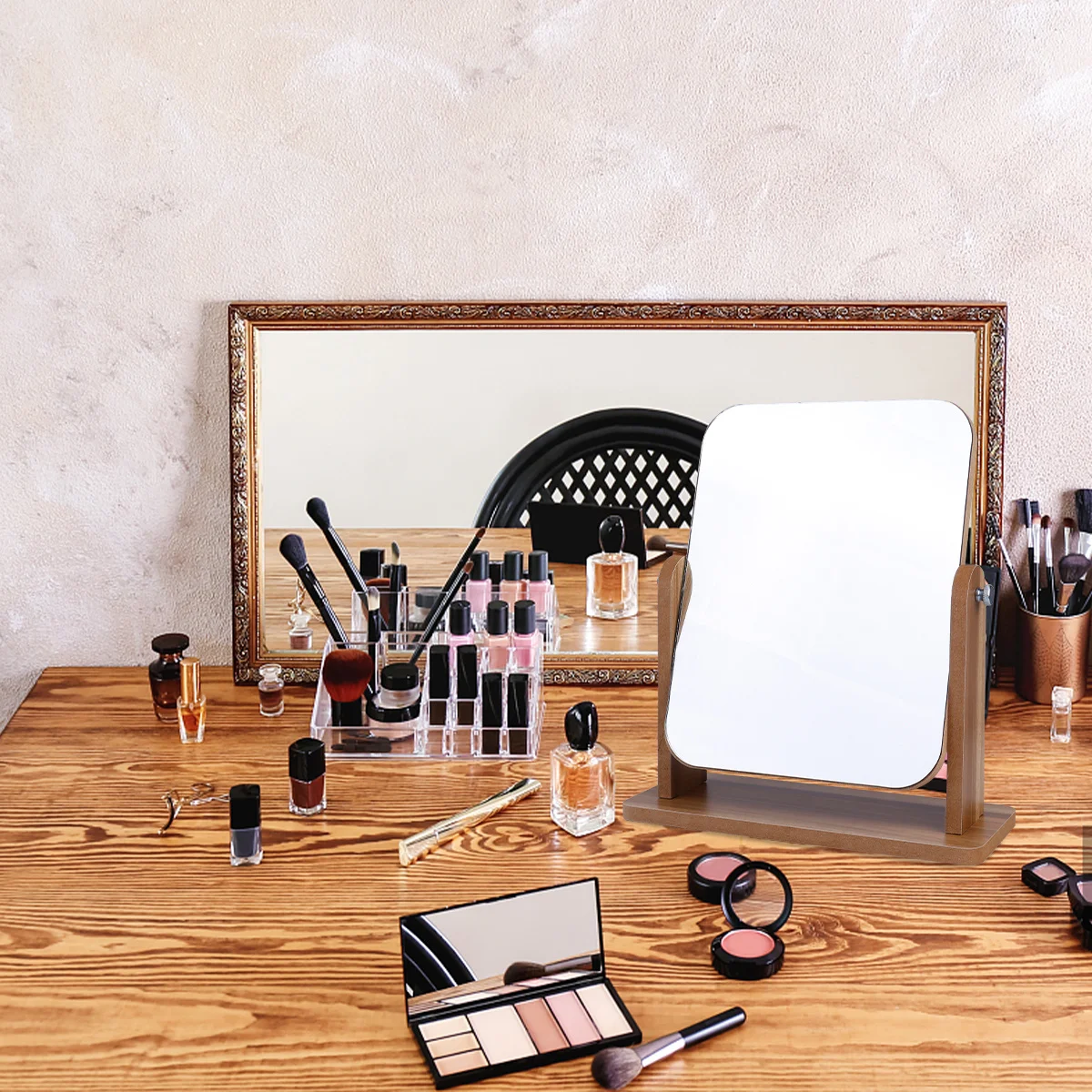 

Clear Reflection Makeup Mirror Wooden Frame Glass Panel Square Desktop Mirror for Home Decor Functional Design