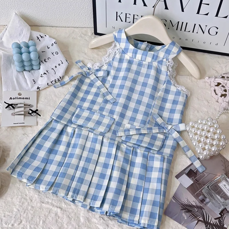 

Girls' Summer French Resort Style Plaid Tank Dress Baby Fashionable Dress New Summer Outfit