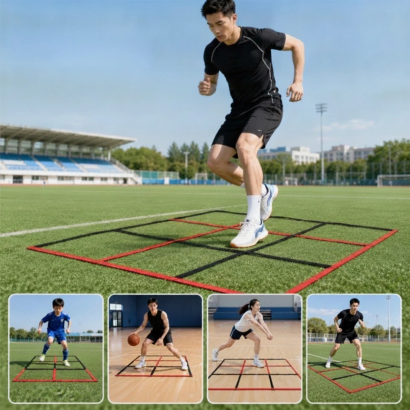 Tapis d'agilité portable à neuf carrés, tapis d'entraînement de la technique de jeu de jambes, robuste et antidérapant pour athlètes, salle de sport, entraînement à domicile