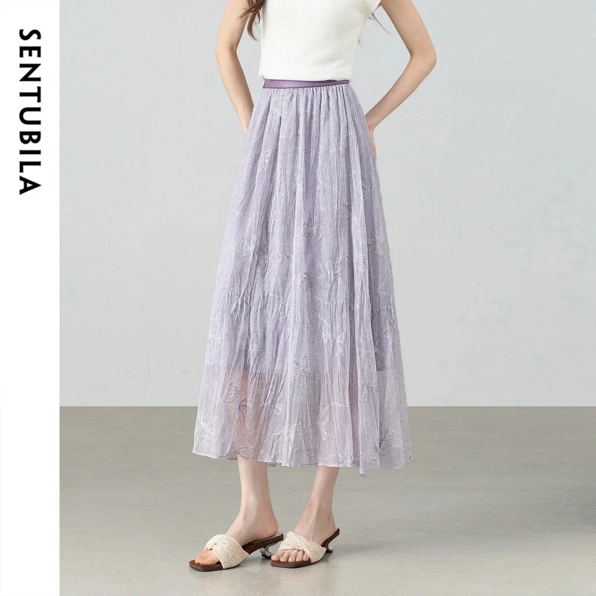SENTUBILA Women's Summer Purple Skirt 2026 Light Pleat Chain Stitch Embroidery Textured Elegant A Line Midi Skirts Q62QG5711