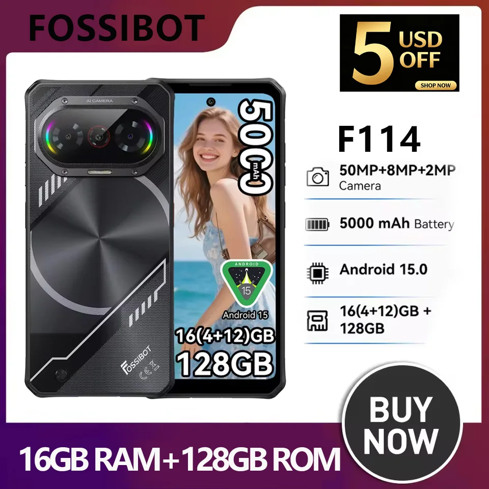 FOSSIBOT F114 Ultra-thin Rugged 4G Smartphone 4GB+128GB 50MP AI Camera 5000mAh 18W Fast Charging Android 15 Unlocked Cell Phone