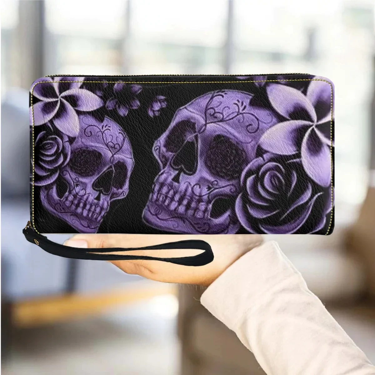 

Purple Skull Floral Design Pattern Women's Wallets Casual Travel Ladies Purse Zipper Slim Multifunction Girls Money Storage Bags