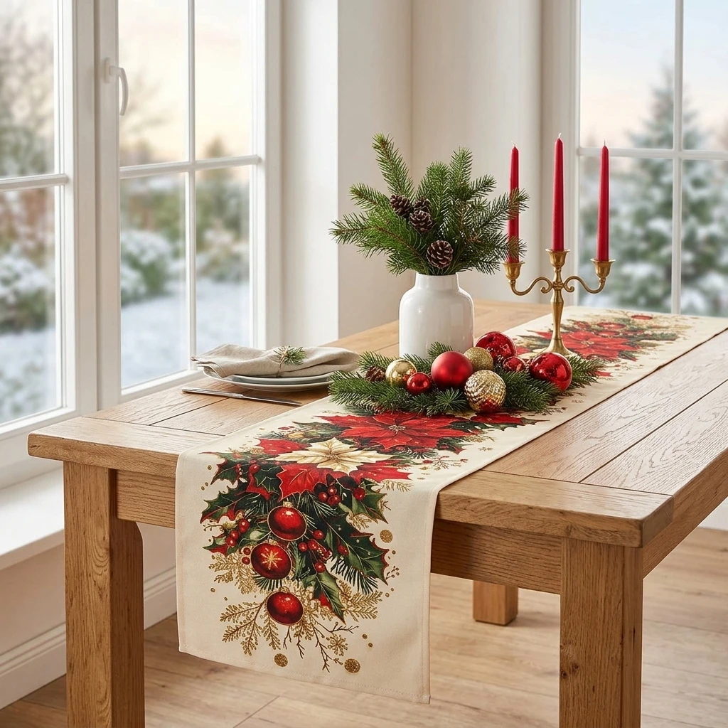 Christmas Poinsettia Table Runner Red Floral Xmas Dining Table Cover Holiday Kitchen Party Decoration 35x180cm