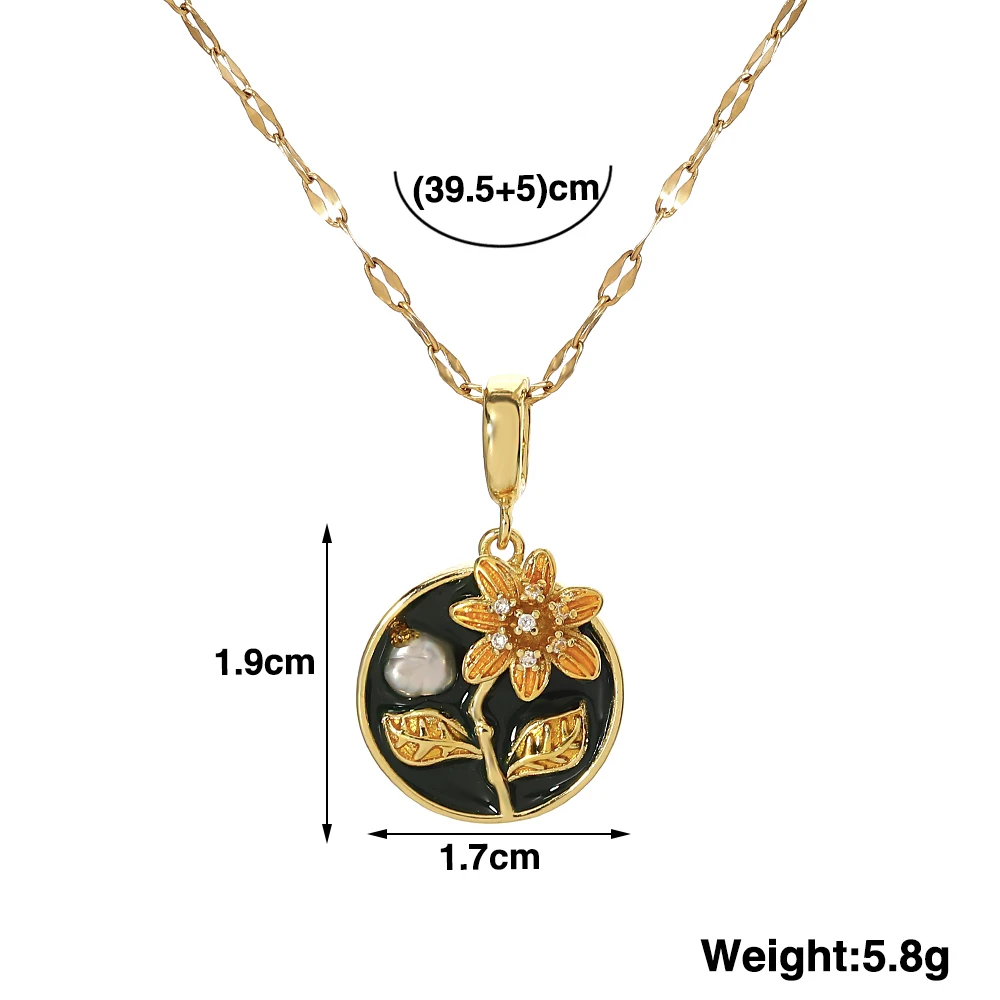 Flashbuy Women\'s Stainless Steel Necklace with Inlaid Pearl Irregular Oval Pendant Drip Oil Enamel Art Charm Jewelry