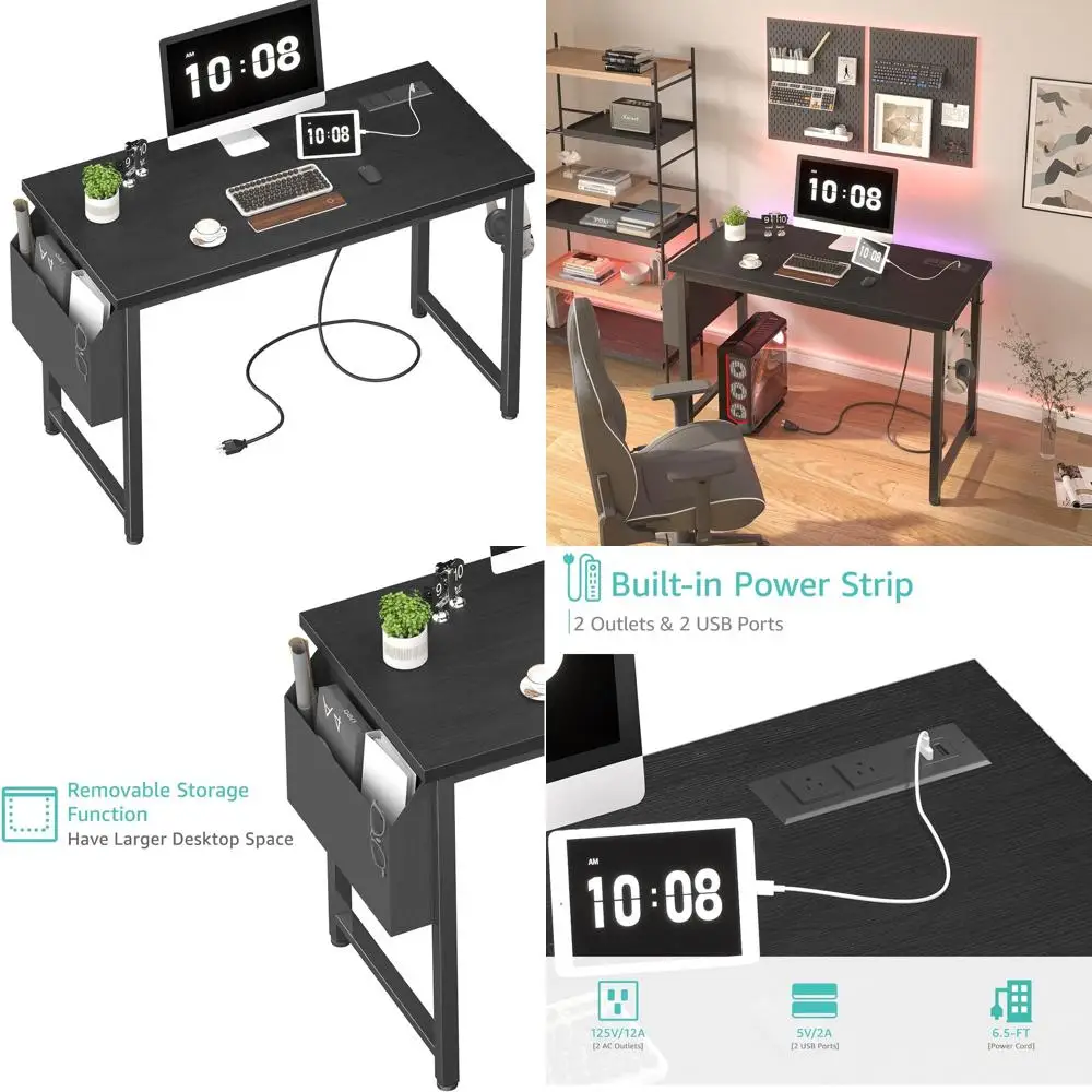 مكتب كمبيوتر أسود 39 40 قابل للتعديل مع مخرج طاقة مدمج ومحطة شحن للمراهقين والمكاتب المنزلية