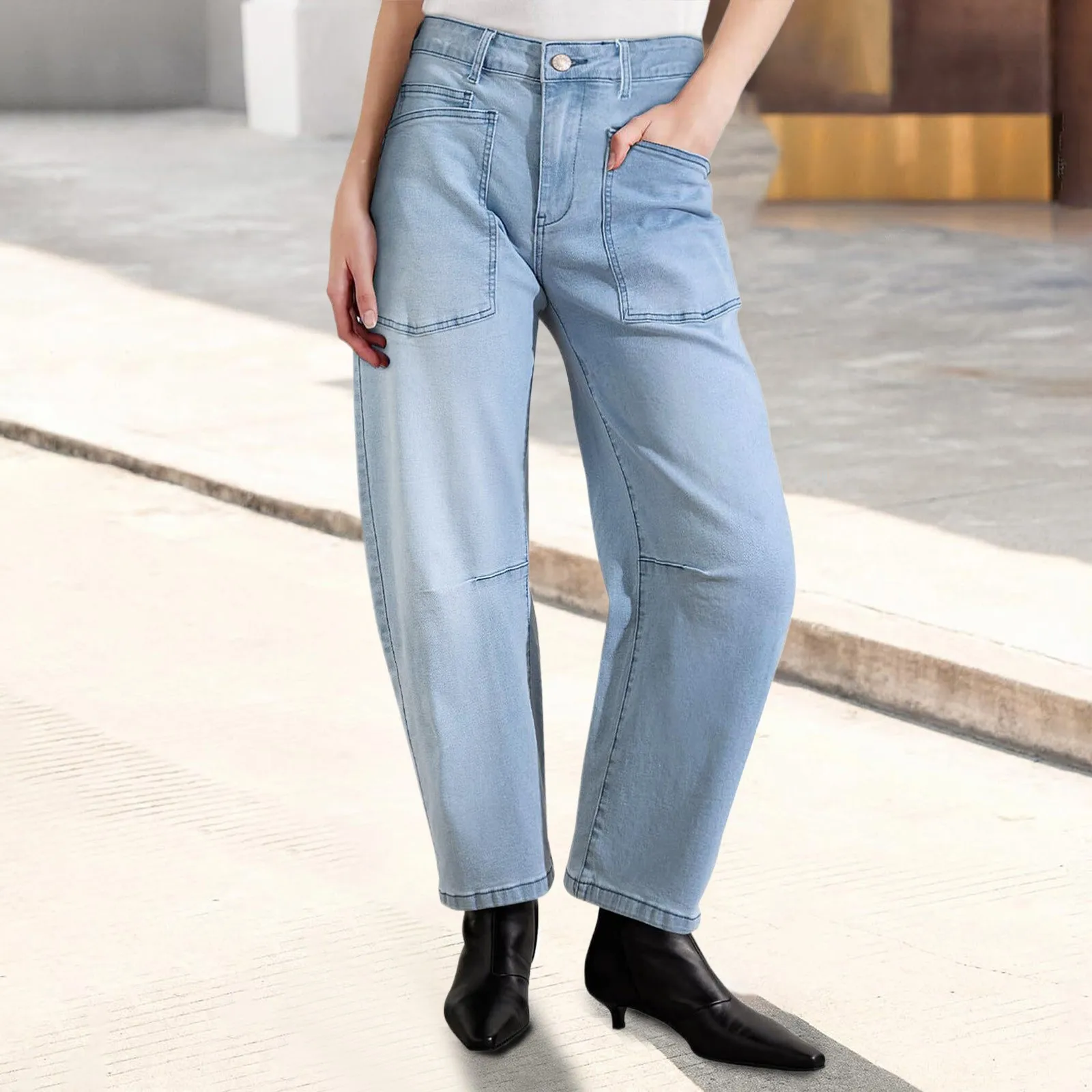 بنطال جينز نسائي كلاسيكي Y2k فضفاض عالي الخصر وواسع الساق من قماش الدنيم مع جيوب متعددة ملابس الشارع