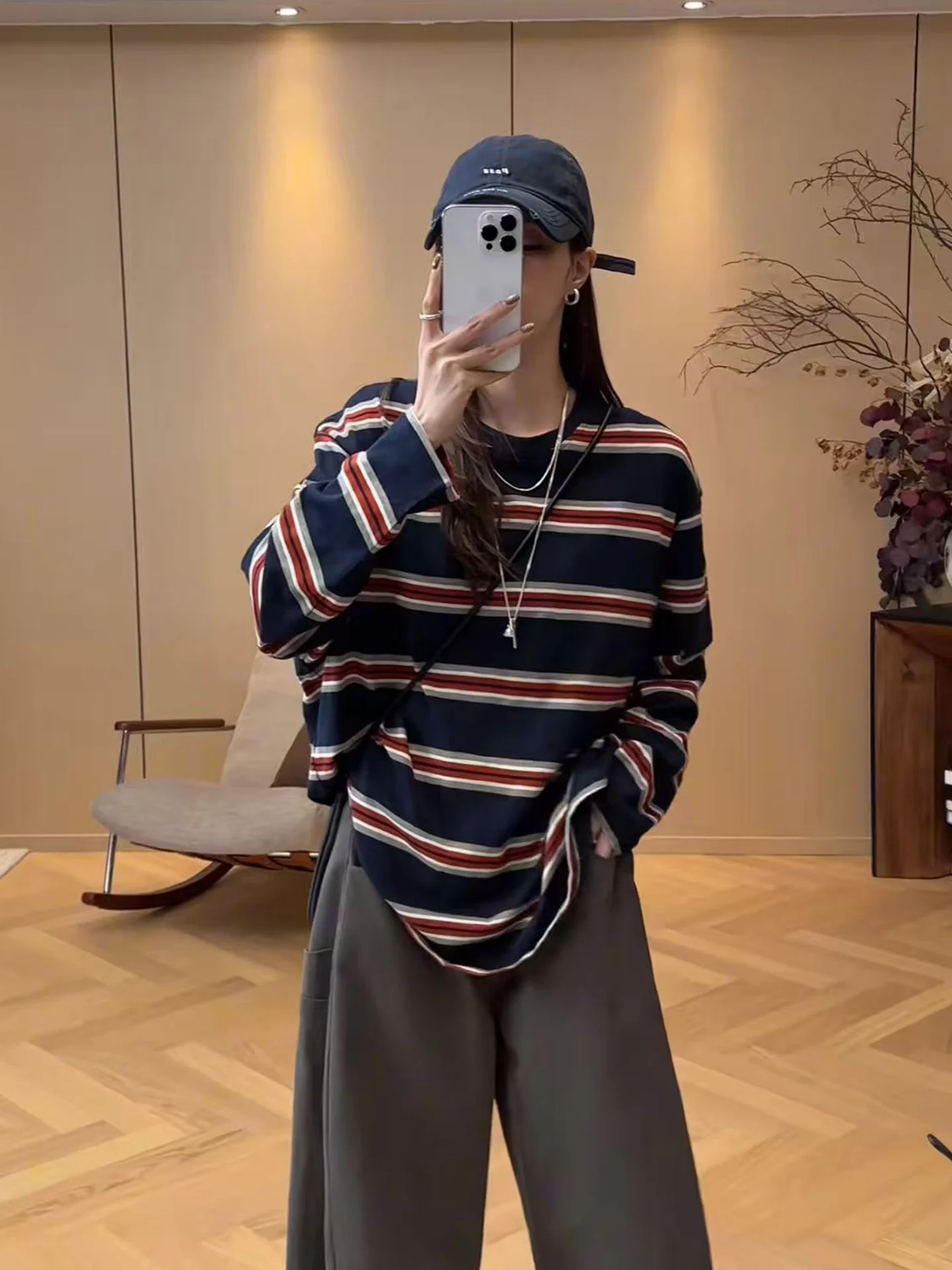 

Повседневная футболка в полоску Long Sve round Ne, женская осенняя новая внутренняя одежда Lazy Sle, высококачественный топ небольшого размера