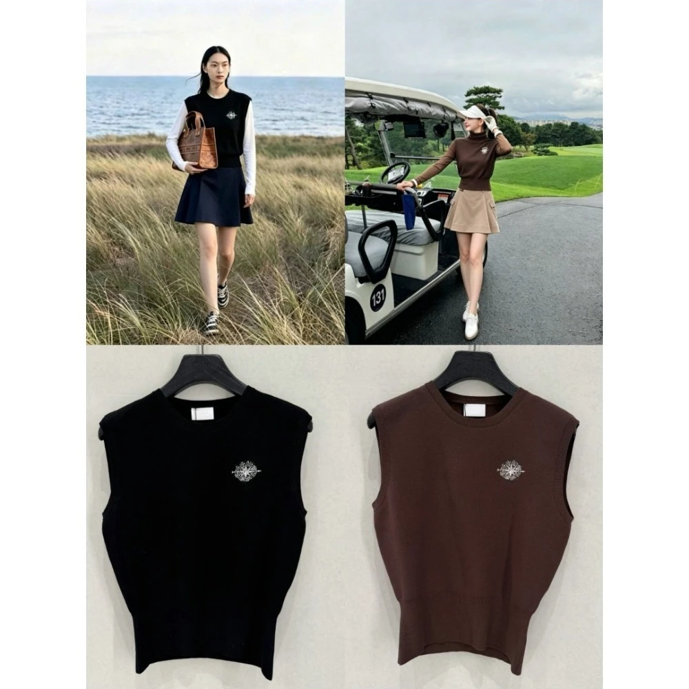 Women's Golf Knit Vest 2026 New Original Korean Crew Neck Letter Print Sleeveless Breathable Stretch Soft Versatile Casual Daily