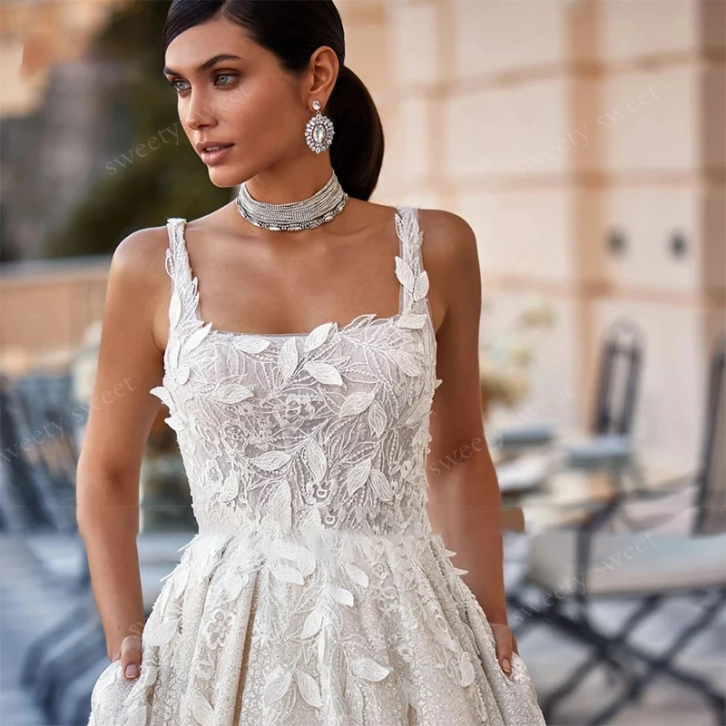 Anmutiges Hochzeitskleid aus Organza mit Stickerei, quadratischem Kragen, Ballkleid, ärmellos, rückenfrei, individuelle Braut, Vestido De Novia