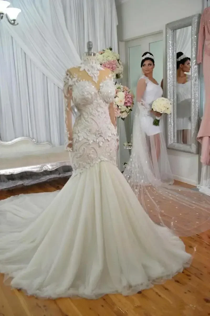 Maßgeschneiderte lange Ärmel Brautkleider Illusion Nigeria High Neck Applizierte Perlen Dubai Arabisch Schloss Meerjungfrau