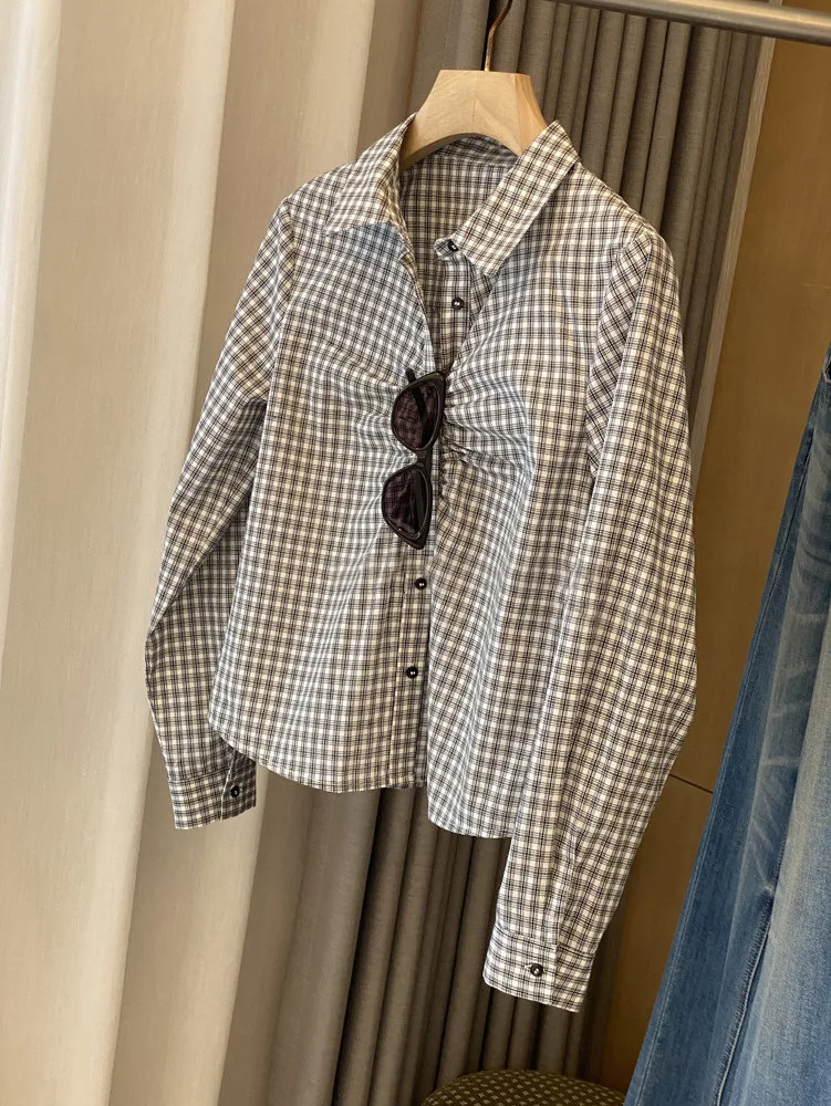 

Весенне-летняя женская повседневная рубашка с клетчатым воротником, длинными рукавами и плиссировкой