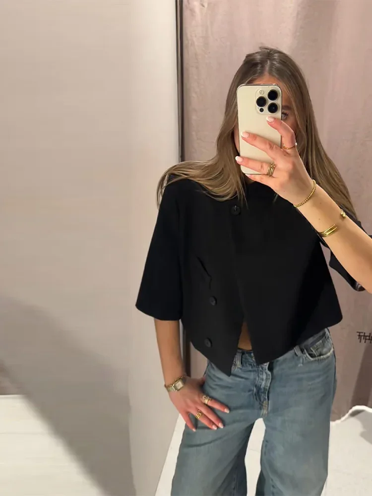 Casual Women Crop Blazer Chic Short Sleeve Stand Collar One Button Pocket Female T-shirt Black Office Commute Summer 2026