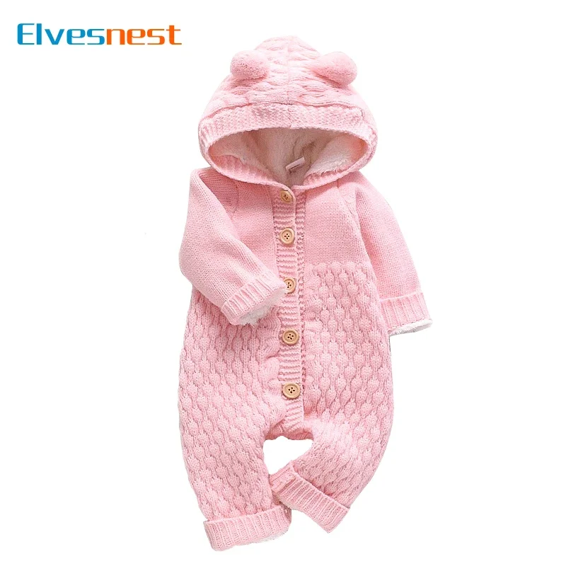 Spring Autumn Baby Girl Romper Long Sleeve Hooded Knitted Baby Boys Romper Fashoin Solid Color Newborn Clothes 6-24 Months